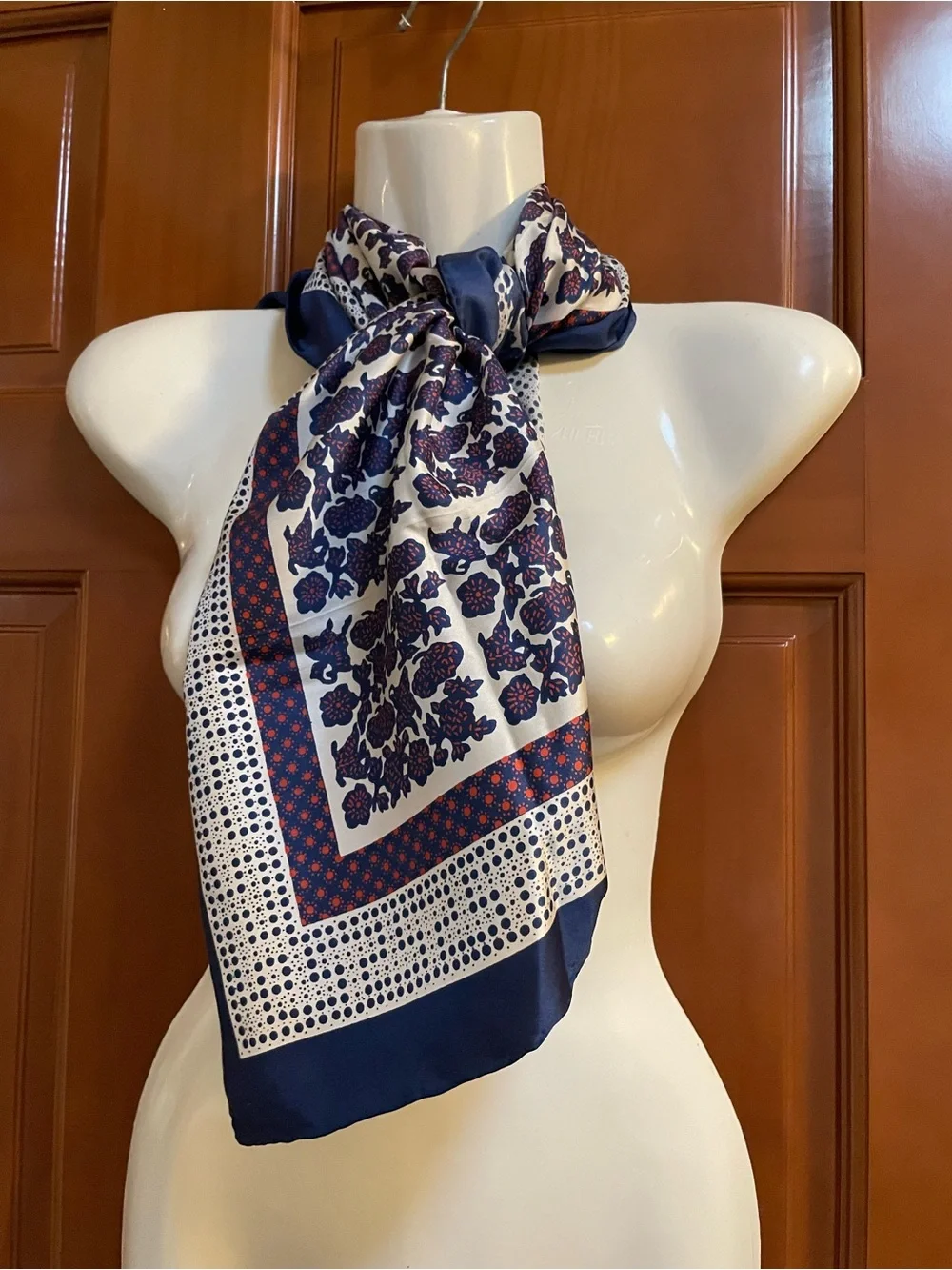 Silk Navy and Cream Floral Square Scarf
